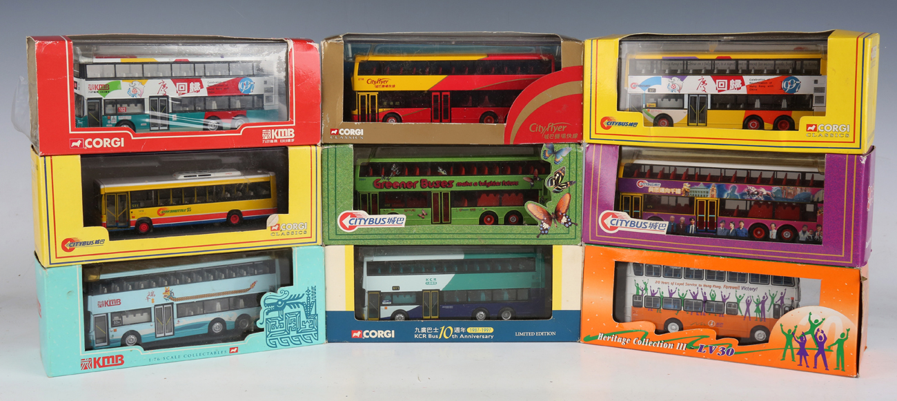 Twenty-seven Corgi Classics collectors' buses and double-deck buses in various Hong Kong liveries,