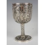 A mid-19th century Chinese export silver goblet, the 'U' shaped bowl decorated in relief and
