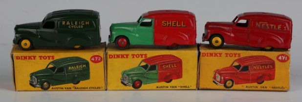 Three Dinky Toys Austin vans, comprising No. 470 'Shell', No. 471 'Nestlé' and No. 472 'Raleigh