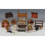 A collection of doll's house furniture and accessories, including Dinky Toys kitchen table,