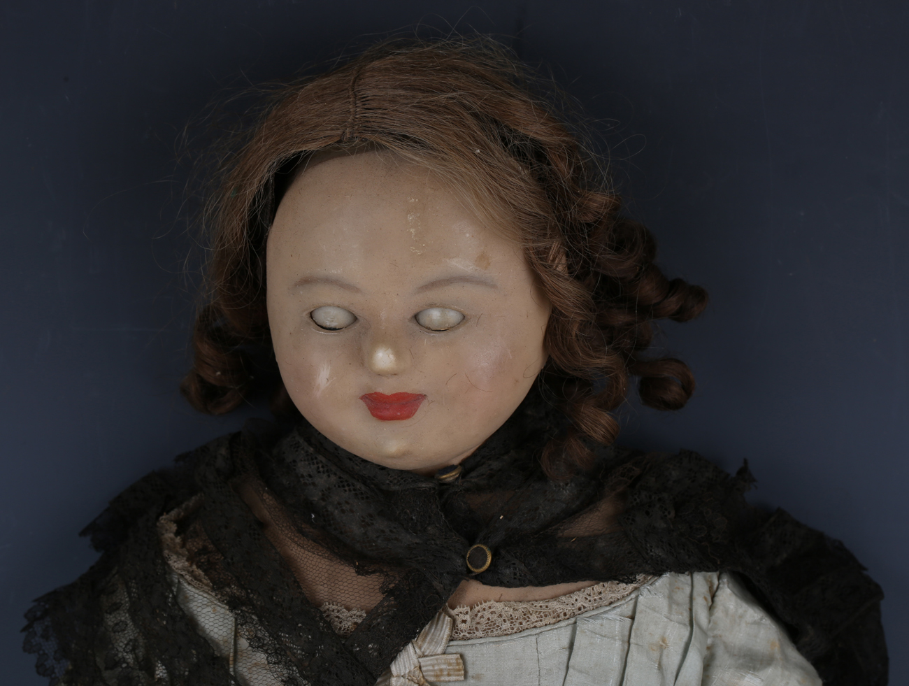 A wax-over-composition doll Louise with brown wig, actuated sleeping brown eyes, painted lips and - Image 11 of 12