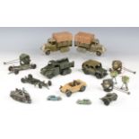 Three Britains army half-track trucks (two with canopies), an Austin Champ, four searchlights, a