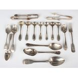 A small group of 18th century and later silver cutlery, including a Fiddle pattern dessert spoon,