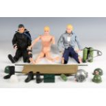 A collection of Palitoy Action Man figures and accessories, including three figures, uniforms, guns,