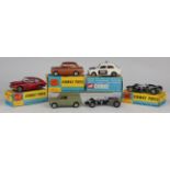 Four Corgi Toys cars, comprising No. 506 Police Panda Imp, No.251 Hillman Imp, bronze, No. 327 MGB