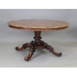 An early Victorian rosewood circular tip-top breakfast table, raised on a finely carved base, height