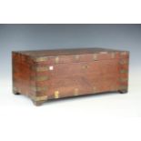 A 19th century colonial campaign style teak box, possibly French, with brass inlay to the hinged lid