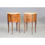 A pair of late 20th century French kingwood and foliate inlaid beside chests with shaped marble tops