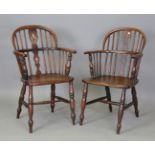 A pair of 19th century ash and elm stick and hoop back Windsor armchairs with pierced splat backs,