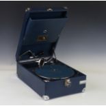 An HMV portable mechanical gramophone with No. 4 soundbox and blue rexine case, width 29cm, length