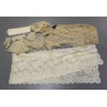 A large group of mainly 19th century lacework, including cuffs, flounces, collars and shawls,