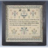 A George IV needlework sampler by 'Eliz Leeds, October 3 1821', the pious verse surrounded by two