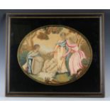 A Regency woolwork and chenille panel depicting a shepherd and two young ladies with sheep at a