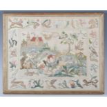 A 20th century Arts and Crafts style silkwork panel of a landscape with plants and animals to the