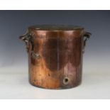 A 19th century copper cylindrical urn and lid, fitted with brass handles, height 29cm, diameter 29cm