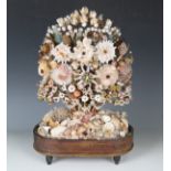 A Victorian seashell specimen flower arrangement, mounted within an oval glass dome, on a walnut