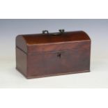 A George III mahogany dome-topped tea caddy with chequer stringing and patinated brass handle, width