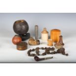 A mixed group of collectors' items, including a leather cased partially fitted vanity set (