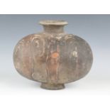 A Chinese Han dynasty pottery cocoon jar of wide bulbous form, the surface covered with swirls of