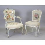 A 19th century Louis XV style pale blue painted showframe fauteuil armchair, height 93cm, width