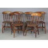 A set of six early 20th century ash and elm stick back kitchen chairs, height 86cm, width 37cm.