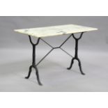 A 20th century French cast iron and marble-topped table, raised on a scrollwork base, height 72cm,