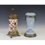 A 19th century Aesthetic Movement pottery and brass mounted oil lamp base, hand painted with flowers