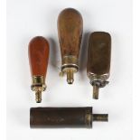 A group of four various 19th century brass mounted copper pistol powder flasks, including an example