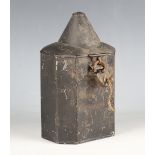 A 19th century toleware gunpowder caddy of shaped canted square form, the lockable hinged lid