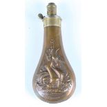 A 19th century brass mounted copper powder flask by James Dixon & Sons, the body decorated with