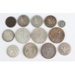 A collection of various USA silver coinage, including five one dollar coins, comprising 1888,