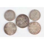 A Victoria Old Head crown 1893, two double florins, 1887 and 1889, a Victoria Young Head half-