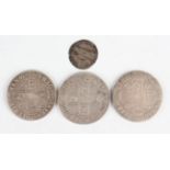 Two Charles II crowns 1673, a James II crown 1688 and an Elizabeth I sixpence 1567 (clipped).Buyer’s