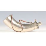 A 19th century Sykes Patent nickel plated horn shaped powder flask with twin suspension loops,