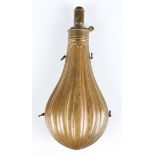 A large 19th century brass mounted copper powder flask by Frary Benham & Co, the pear shaped body