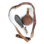 A 19th century brass mounted leather shot flask belt, length 111cm, together with two other brass/