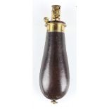 An unusual 19th century gilt brass mounted stitched leather combination powder flask and flip-top