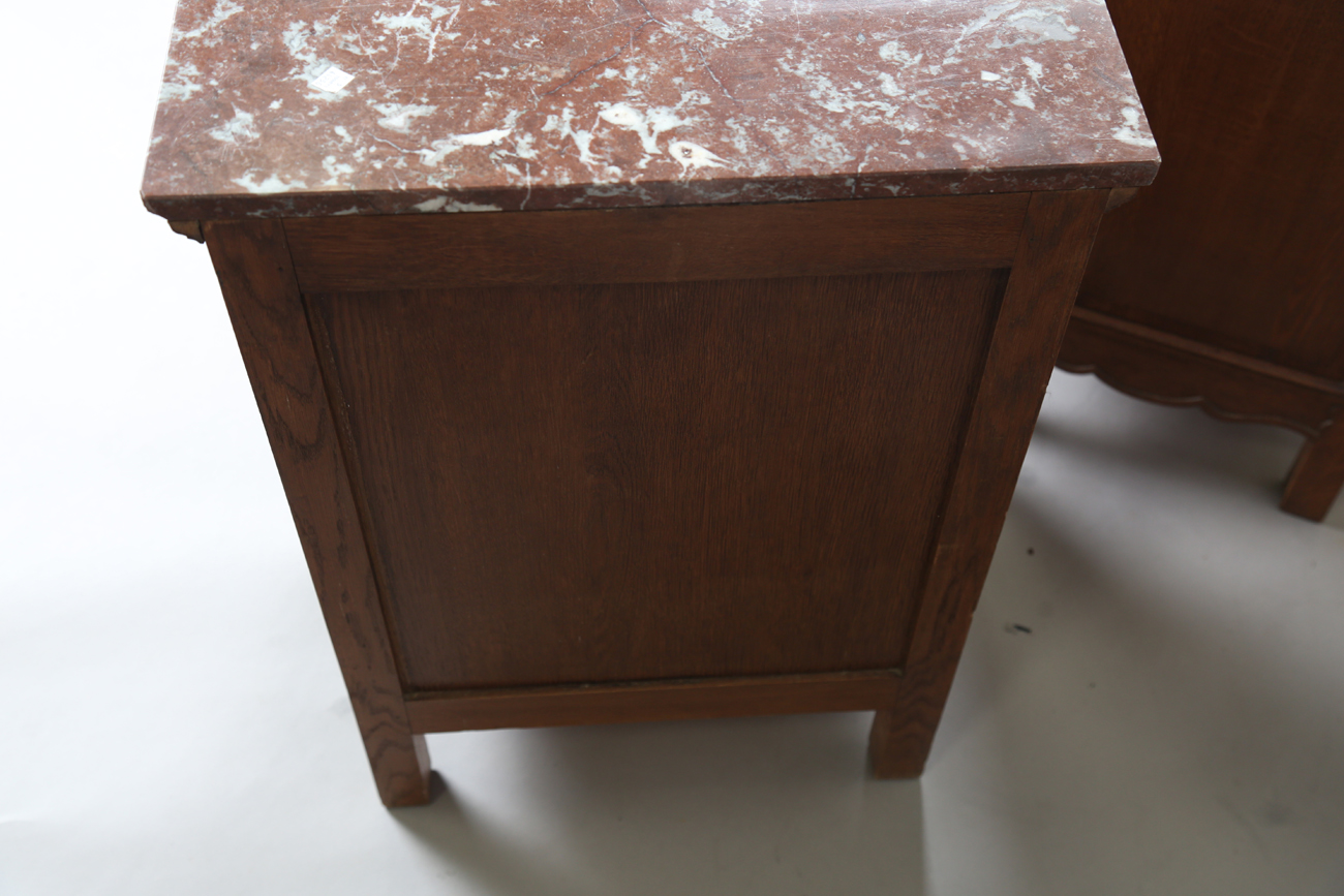 A pair of 20th century French oak marble-topped bedside cabinets, height 77cm, width 55cm, depth - Image 11 of 12