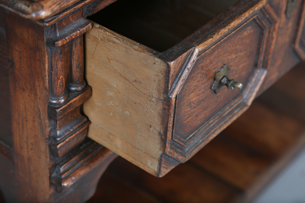 A 20th century William and Mary style oak dresser, the two drawers with applied geometric mouldings, - Image 4 of 13