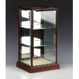 An early 20th century mahogany framed counter-top display case with bevelled panels and two shelves,