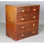 A Victorian mahogany campaign style two-section chest of drawers with turned bun handles, height