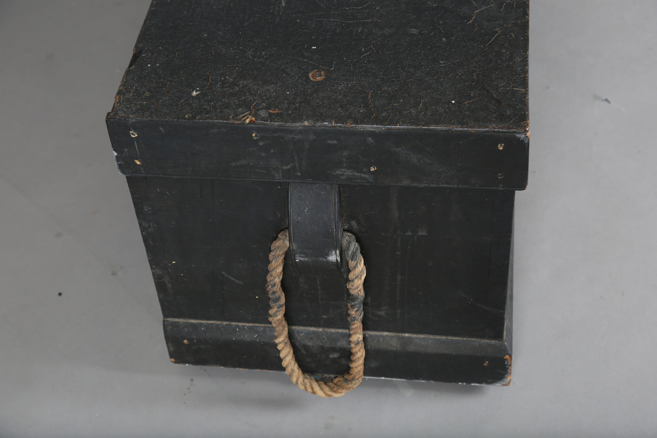 A late 19th/early 20th century black painted teak seaman's chest with rope handles, height 48cm, - Image 9 of 11