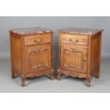 A pair of 20th century French oak marble-topped bedside cabinets, height 77cm, width 55cm, depth