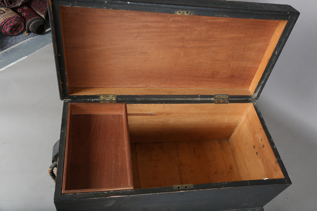 A late 19th/early 20th century black painted teak seaman's chest with rope handles, height 48cm, - Image 6 of 11