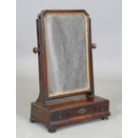 A George I mahogany swing frame mirror, the base fitted with three drawers, height 60cm, width