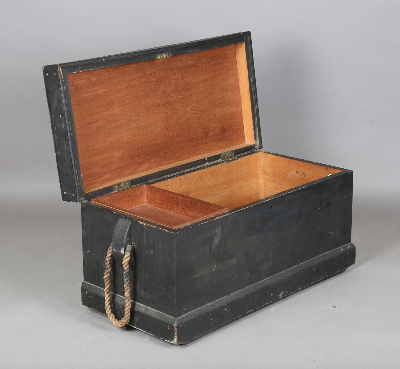 A late 19th/early 20th century black painted teak seaman's chest with rope handles, height 48cm, - Image 5 of 11