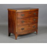 A George III mahogany bowfront chest of three drawers with satinwood crossbanding and urn inlay,