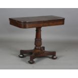A William IV rosewood fold-over card table, raised on a finely carved tulip cusp stem and quatrefoil