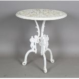 A late Victorian white painted cast iron garden table, height 67cm, diameter 61cm.Buyer’s Premium