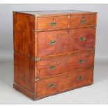 A 19th century teak and brass bound campaign military chest, the five oak-lined drawers with